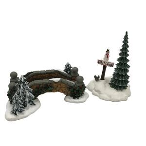 Dept 56 Village Stone Footbridge and Let It Snow Sign Christmas Holly Snowman